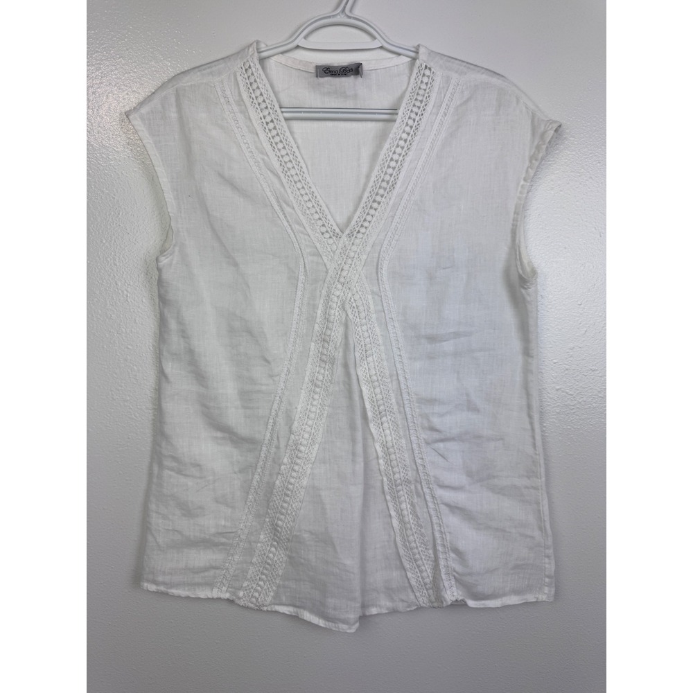 Elena Badi White 100% Linen Lace Trim V-Neck Top Made in Italy Womens Medium - Picture 8 of 8